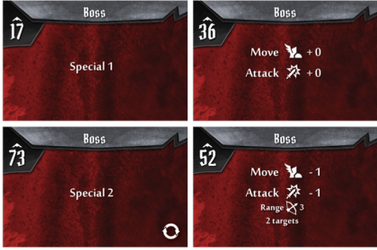 Alcune carte modificatori di un boss. Gloomhaven-scheda-e-carte-mostro.